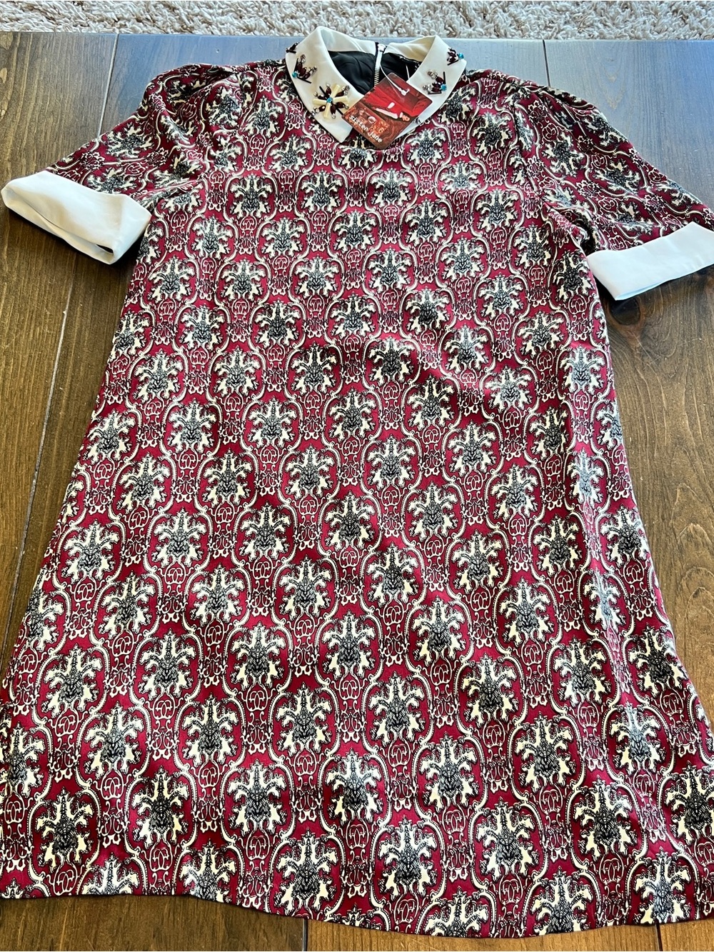 Sister Jane Embroidered Collar Burgundy Patterned Shift Dress-small